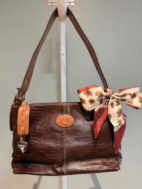 Sharif Brown Leather Shoulder Bag with Red & Cream Scarf Accent